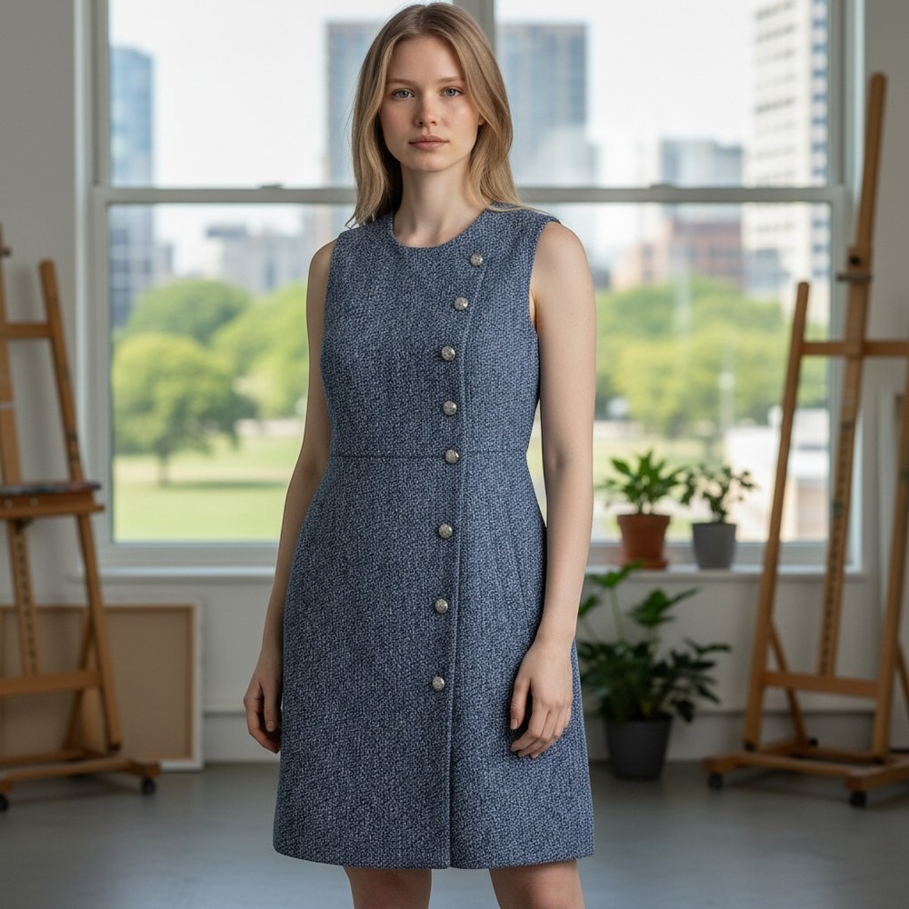 Veronica Beard Blue CuttlerTweed Sleeveless Button Front Shift Dress Size 0